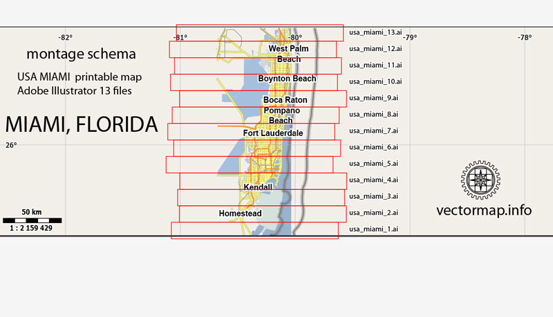 Miami printable vector map, full editable, Adobe Illustrator, Royaly free