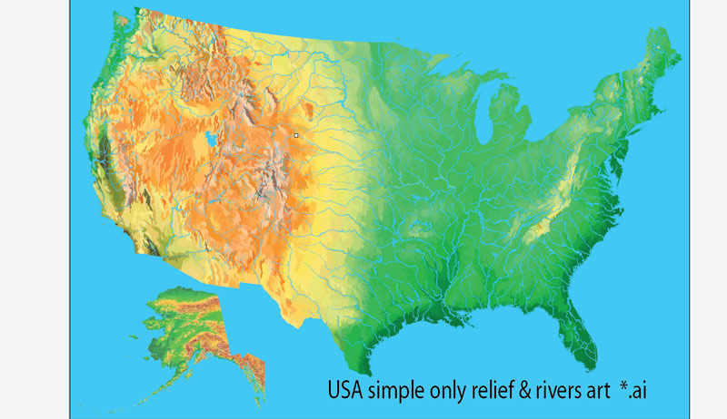 US map simple full vector. Only releff & rivers
