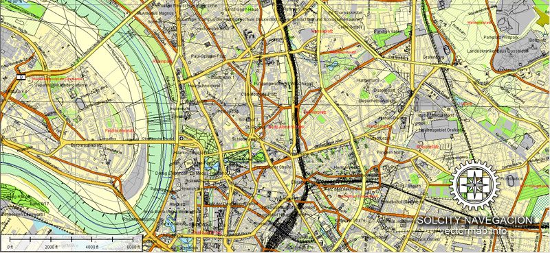 Duesseldorf map printable vector City Plan full editable, Atlas 49 parts, Adobe Illustrator, Royalty free Street Map