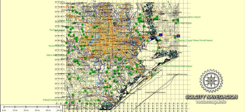 Houston Map printable vector full editable Street Map Adobe Illustrator Atlas 49 parts City Plan