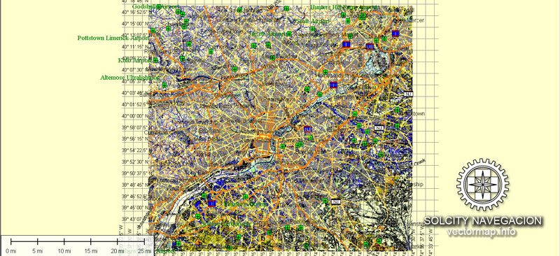 Philadelphia Map Vector printable Atlas 49 parts City Plan full editable Adobe Illustrator Street Map