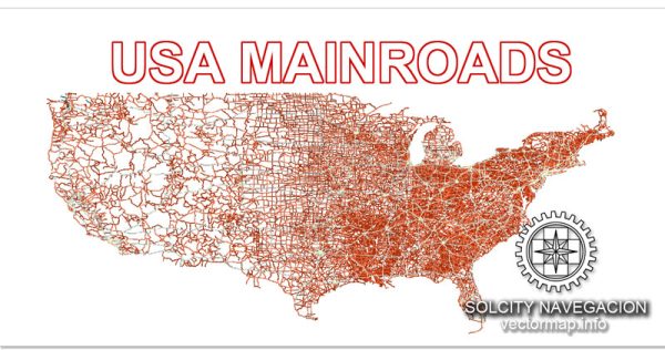 US Map Vector Main roads printable full editable Adobe Illustrator Royalty free