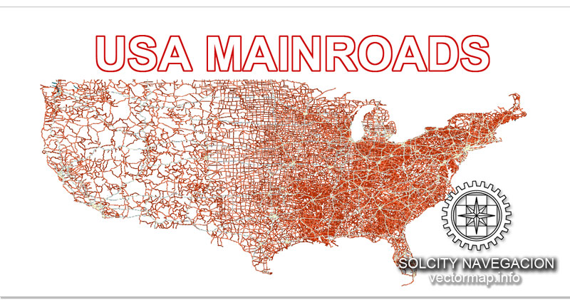 Main roads, USA, printable vector map, full editable, Adobe Illustrator