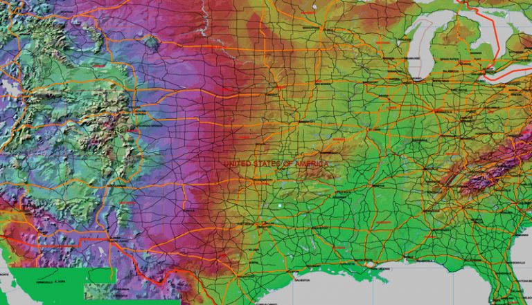 US map vector 01 02 major roads, states, cities + relief, GPS projection