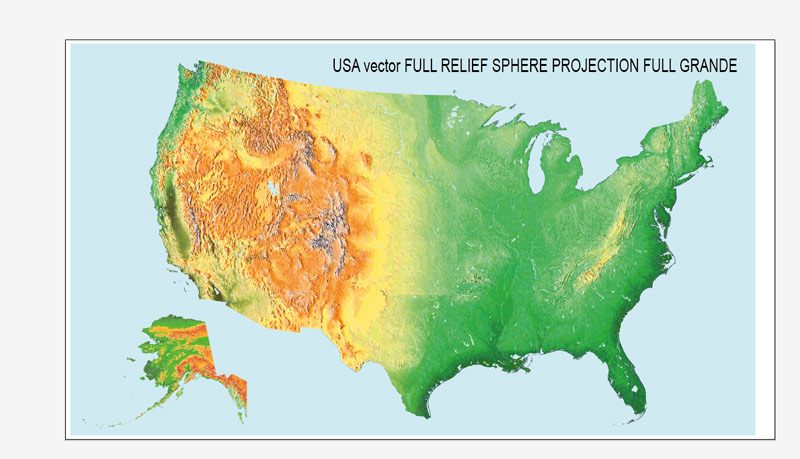 *.CDR : Relief map USA FULL vector SPHERE projection Corel Draw relief only + water, no roads, no cities