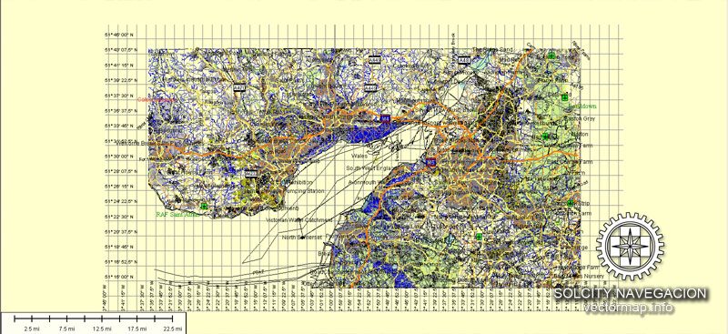 Cardiff, Newport, Bristol, Bath Map Vector *.AI : Great Britain Vector map Atlas 49 parts full printable editable Adobe Illustrator royalty free Street Map