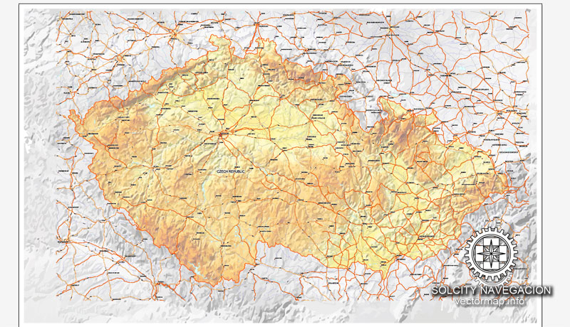 Czech Republic vector Relief road map, full editable, Adobe Illustrator