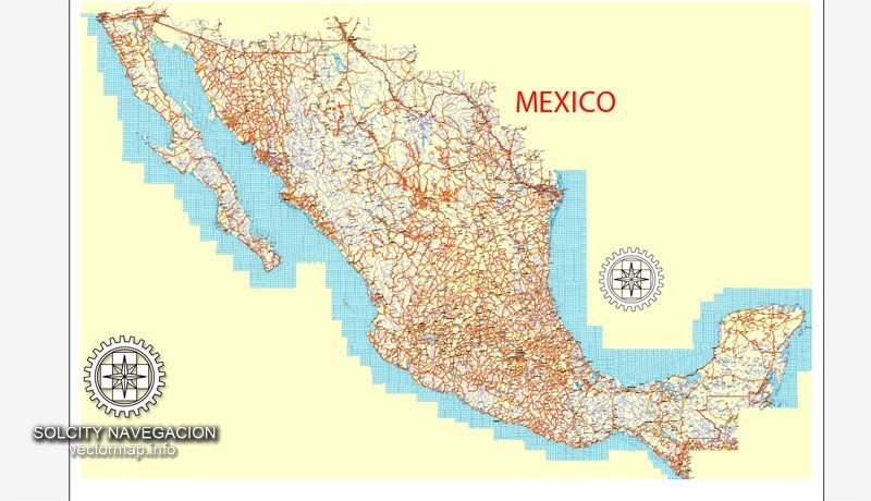 Mexico Country vector map roads, Adobe Illustrator