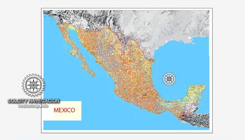 Mexico Country vector map roads + Relief vector and raster, Adobe Illustrator