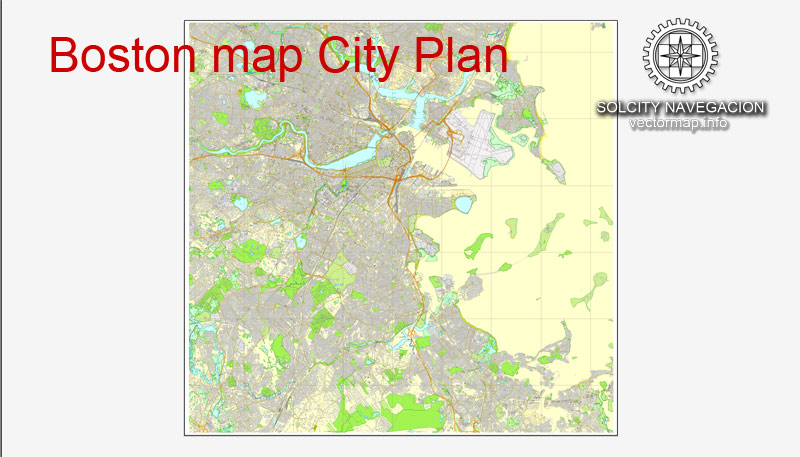 Printable City Plan Map of Boston, US, Adobe Illustrator, full vector 3 x 3 m, scalable, editable, separated text layer street names, 41,9 mb ZIP All streets, buildings.