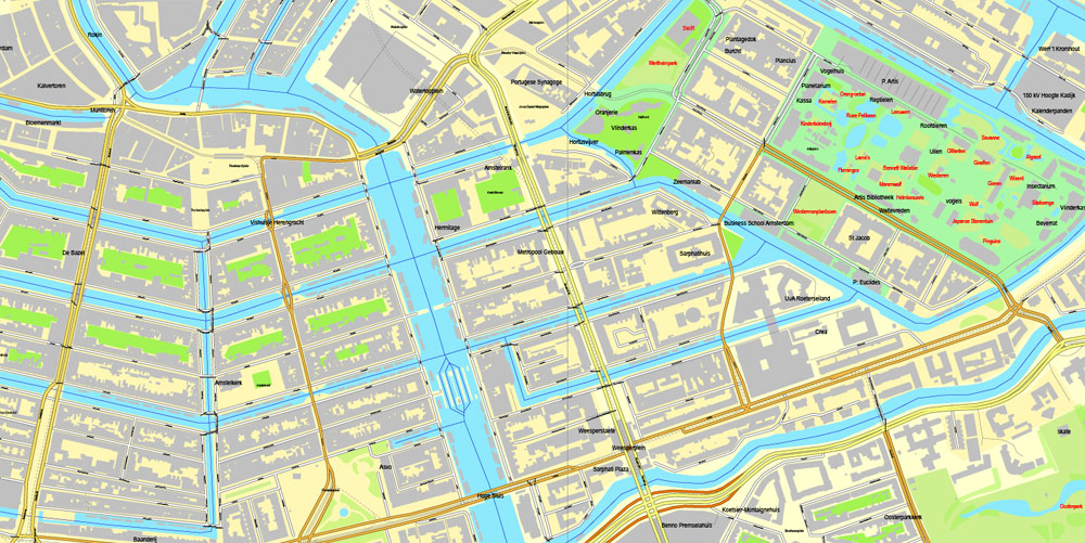 Printable Map Amsterdam, Netherlands, printable vector street City Plan map, full editable, Adobe Illustrator