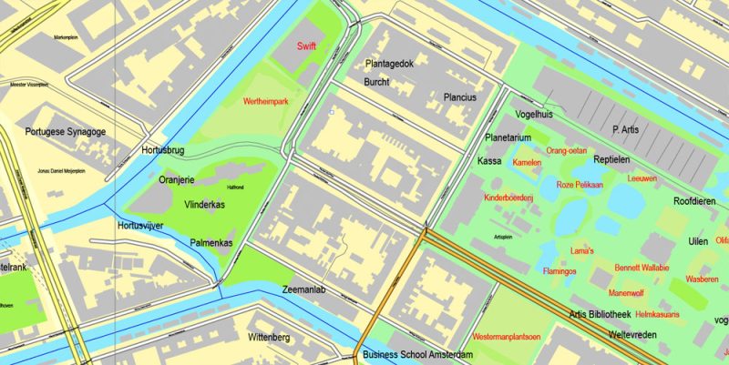 Printable Map Amsterdam, Netherlands, printable vector street City Plan map, full editable, Adobe Illustrator