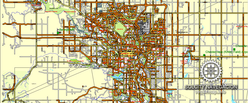 Calgary: Printable Street Road Atlas 9-parts Map of Calgary and neighborhood, Canada, Adobe Illustrator, full vector scalable, editable, 22,3 mb ZIP All streets, buildings, small roads / street and object names in text format