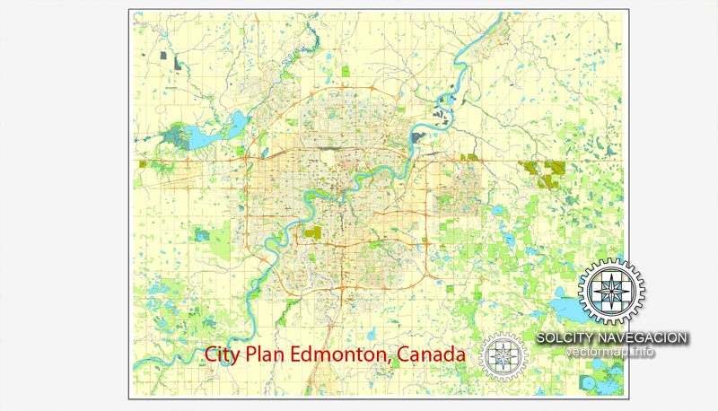 Printable City Plan Map of Edmonton, Canada, Adobe Illustrator, full vector 3 x 3 m, scalable, editable, separated text layer street names, 13,7 mb ZIP