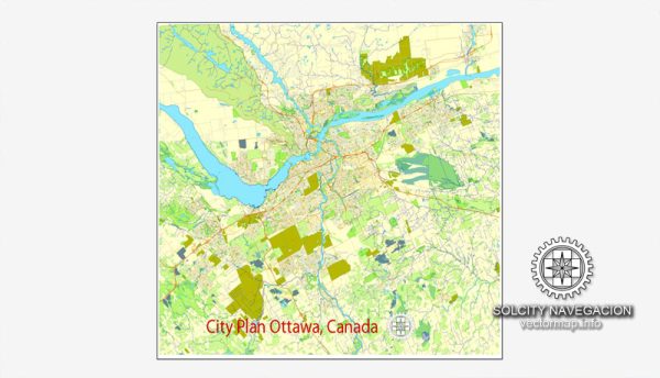 Printable City Plan Map of Ottawa, Canada, Adobe Illustrator, full vector 3 x 3 m, scalable, editable, separated text layer street names, 16,4 mb ZIP