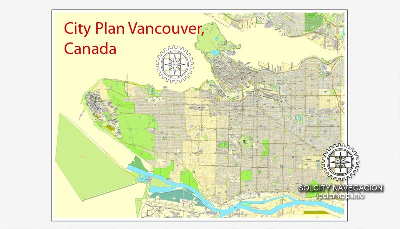 Printable City Plan Map of Vancouver, Canada, Adobe Illustrator, full vector 2 x 2 m, scalable, editable, separated text layer street names, 23,5 mb ZIP