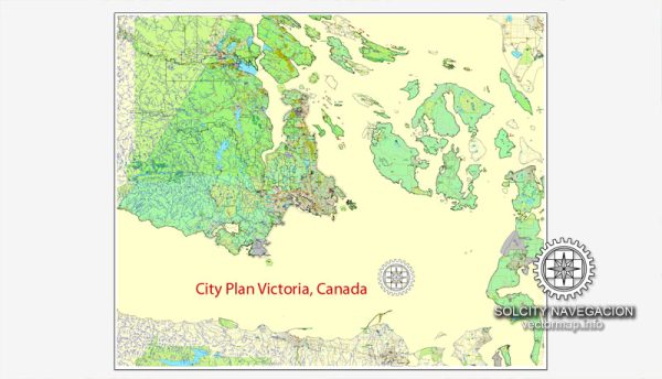 Printable City Plan Map of Victoria, Canada, Adobe Illustrator, full vector 3 x 3 m, scalable, editable, separated text layer street names, 27,6 mb ZIP All streets, buildings
