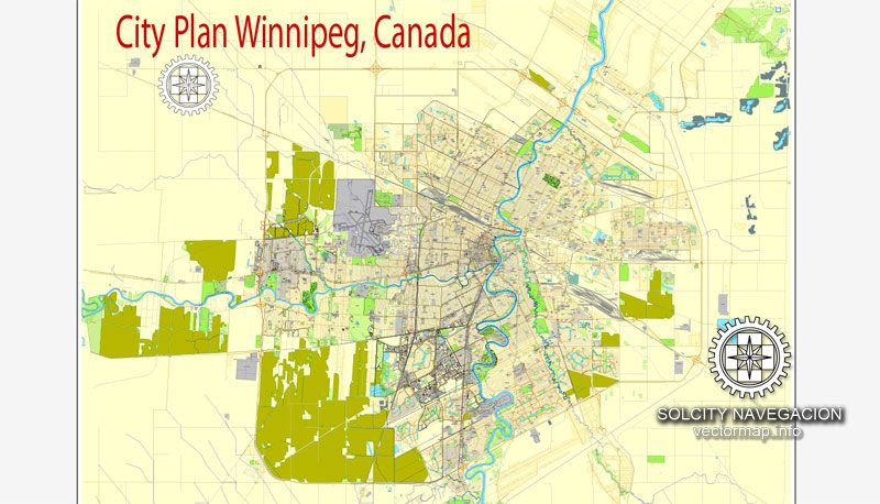 Printable City Plan Map of Winnipeg, Canada, Adobe Illustrator, full vector 3 x 3 m, scalable, editable, separated text layer street names, 35,3 mb zip