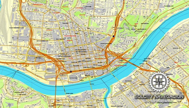 Map vector Cincinnati, Ohio, US printable vector street City Plan map, full editable, Adobe Illustrator