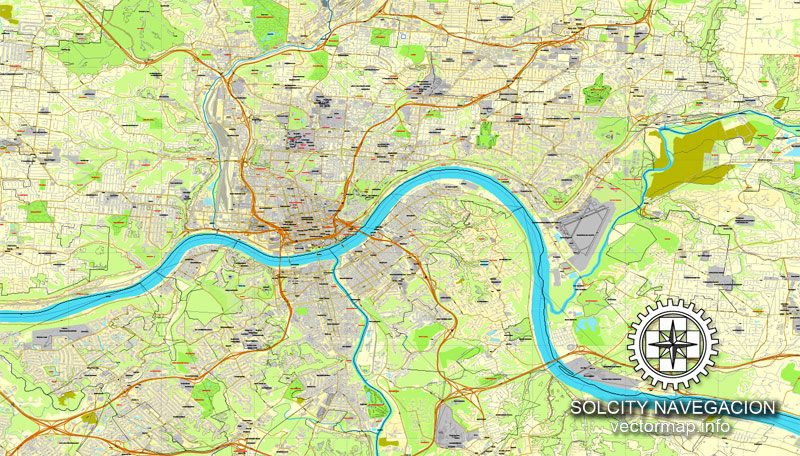 Cincinnati Ohio US printable vector street map: City Plan full editable, Adobe Illustrator
