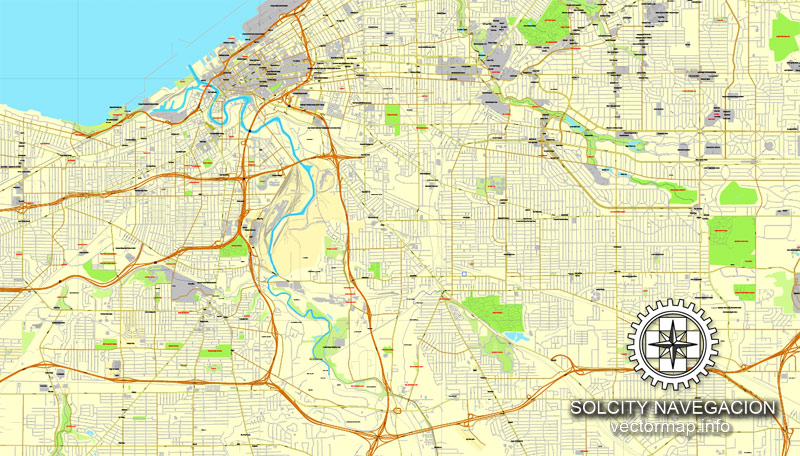 Cleveland Ohio US printable vector street map: City Plan full editable, Adobe Illustrator