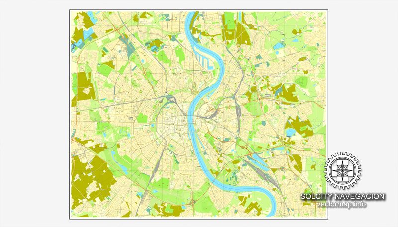 Cologne / Köln, Germany printable vector street SIMPLE City Plan map, full editable, Adobe Illustrator, full vector 3 x 3 m, scalable, editable, text format street names, 3,4 mb ZIP All streets, NO buildings. Map for design, print, arts, projects.