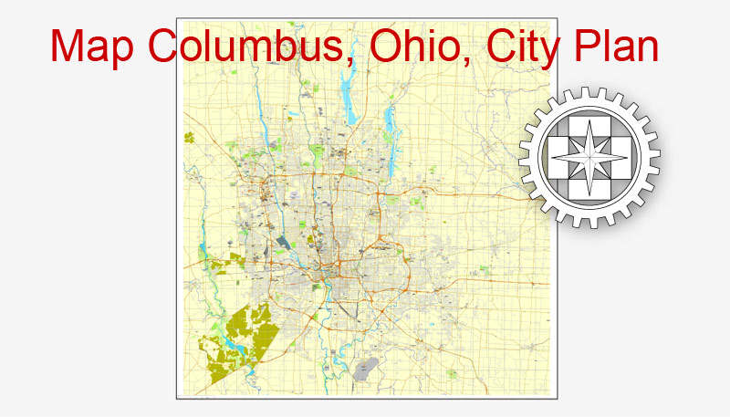Columbus Ohio US Vector Map Printable City Plan Adobe Illustrator, full vector 2 x 2 m
