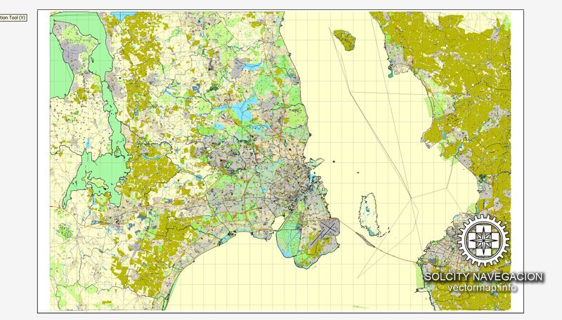 Copenhagen + Malmo / København + Malmö, Denmark printable vector street full City Plan map, full editable, Adobe Illustrator