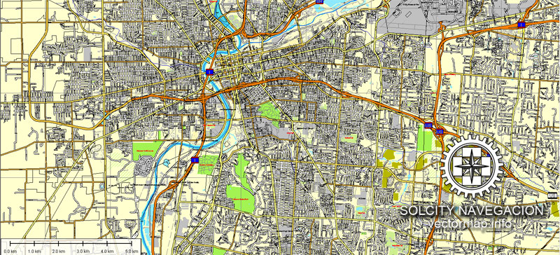 Dayton Ohio US printable vector street map Atlas 25 parts full editable, Adobe Illustrator
