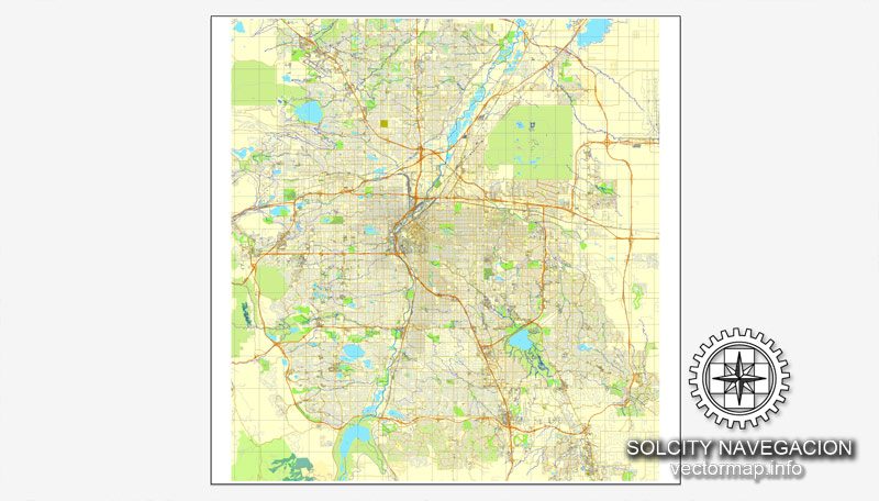 Denver, Colorado, US printable vector street City Plan map, full editable, Adobe Illustrator