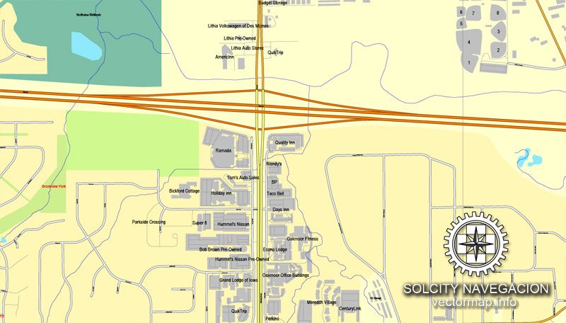 Map Des Moines, Iowa, US printable vector street City Plan map, full editable, Adobe Illustrator