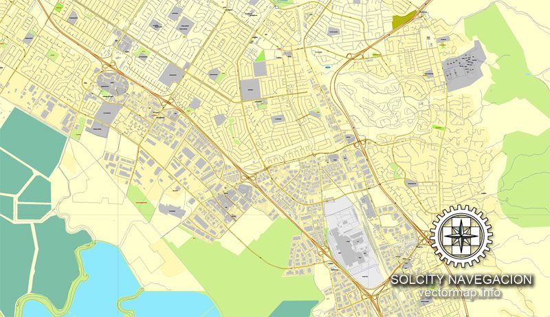 Fremont California US printable vector street map: City Plan full editable, Adobe Illustrator