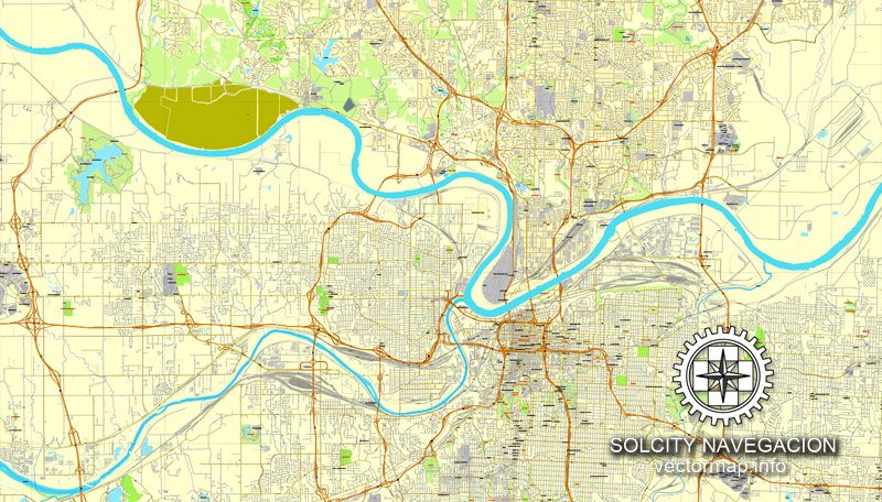 Kansas City Missouri US printable vector street Map: City Plan full editable, Adobe Illustrator, Royalty free