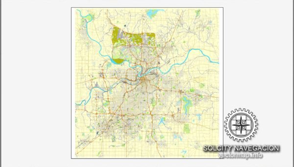 Kansas City, Missoury, US printable vector street City Plan map, full editable, Adobe Illustrator