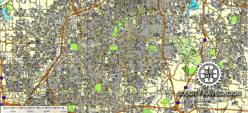 Kansas City + Lawrence + Topeka US printable vector street Atlas 25 parts map, full editable, Adobe Illustrator