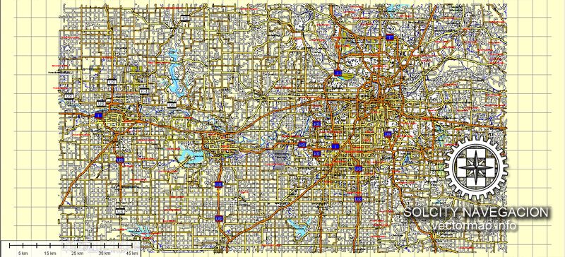 map Kansas City + Lawrence + Topeka US printable vector street Atlas 25 parts map, full editable, Adobe Illustrator