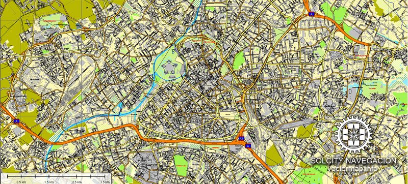 Lille, France printable vector street full Atlas 25 parts map, full editable, Adobe Illustrator, full vector 3 x 3 m, scalable, editable, text format street names, 95,9 mb ZIP All streets, all buildings.