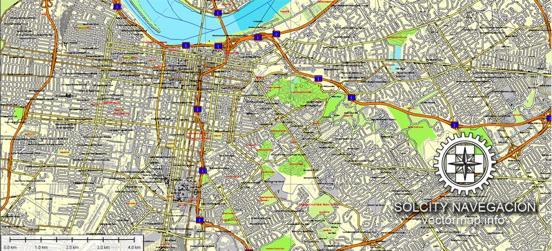 Map Louisville, Kentucky, US printable vector street Atlas 25 parts map, full editable, Adobe Illustrator