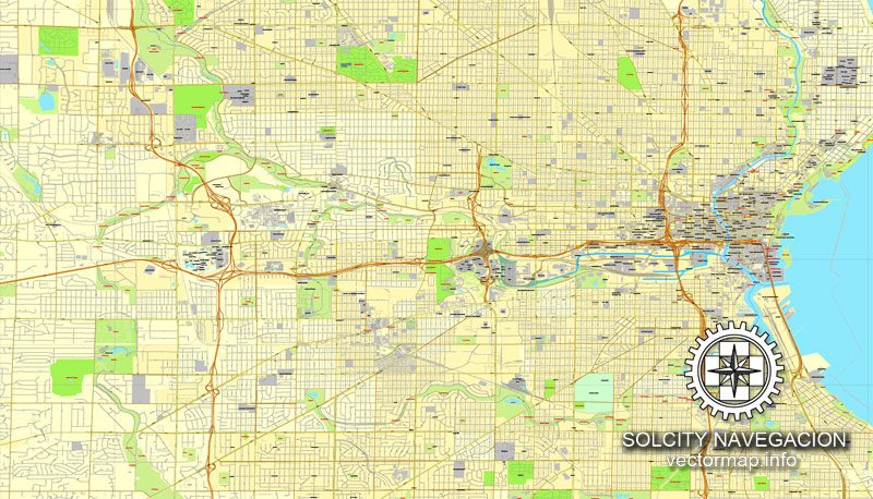 Map vector Milwaukee, Wisconsin, US printable vector street City Plan map, full editable, Adobe Illustrator