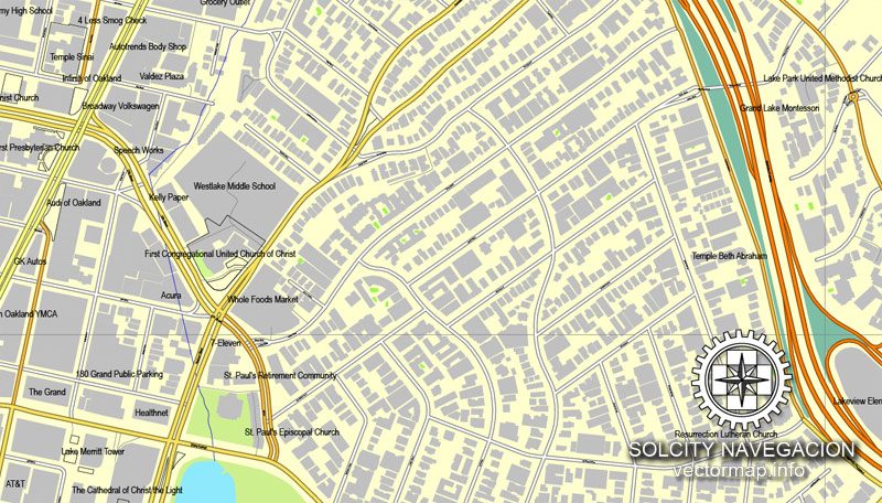 Oakland + Berkeley, California, US printable vector street City Plan map, full editable, Adobe Illustrator, Royalty free