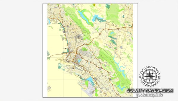 Oakland + Berkeley, California, US printable vector street City Plan map, full editable, Adobe Illustrator, Royalty free