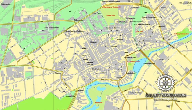 Odense, Denmark, printable vector street full City Plan map, full ...