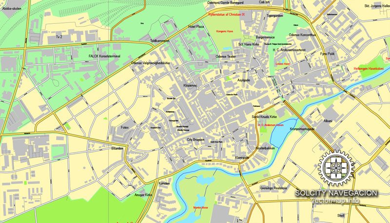 Odense, Denmark printable vector street full City Plan map, full editable, Adobe Illustrator