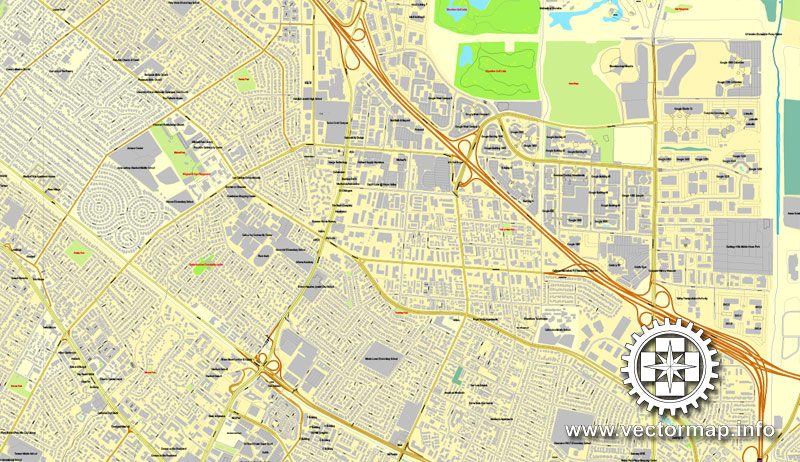 Palo Alto + Mountain View, California, US printable vector street City Plan map, full editable, Adobe Illustrator, full vector