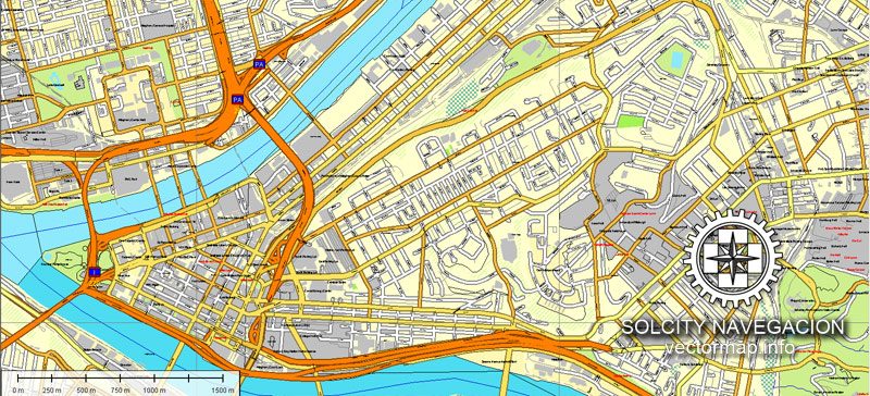 Map vector Pittsburgh, Pennsylvania, US printable vector street Atlas 25 parts map, full editable, Adobe Illustrator