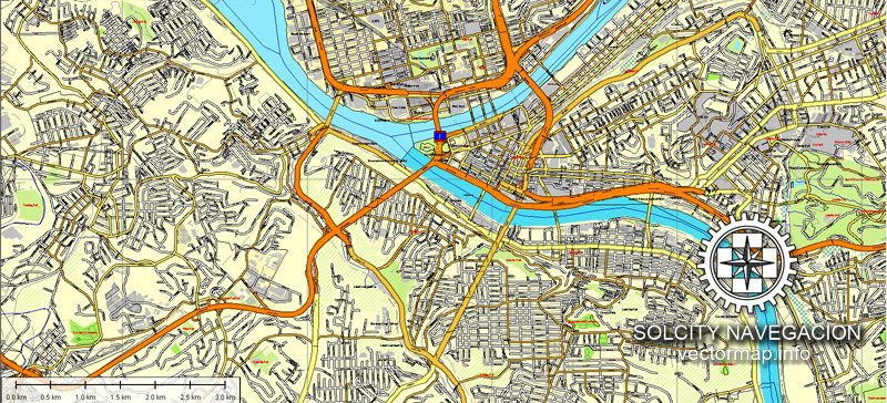 Map vector Pittsburgh, Pennsylvania, US printable vector street Atlas 25 parts map, full editable, Adobe Illustrator