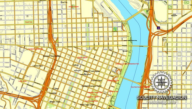 Portland, Oregon, US printable vector street City Plan map, full editable, Adobe Illustrator, Royalty free