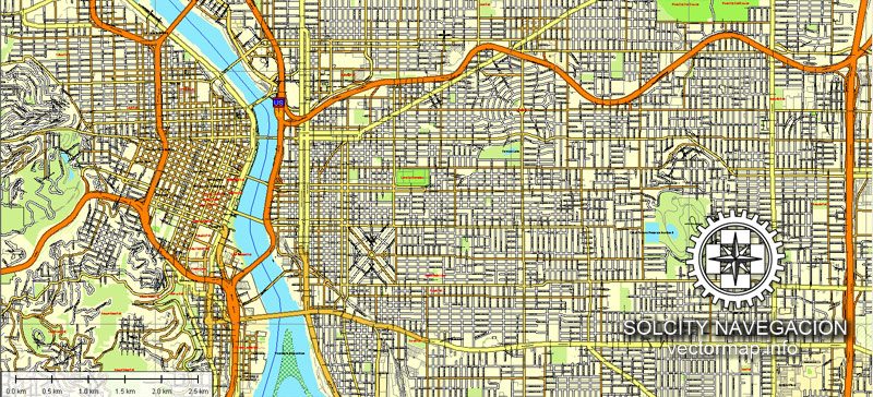 Map vector Portland, Oregon, US printable vector street Atlas 25 parts map, full editable, Adobe Illustrator