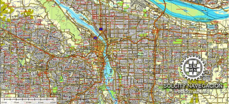 Portland Oregon US printable vector street map: Atlas 25 parts full editable, Adobe Illustrator