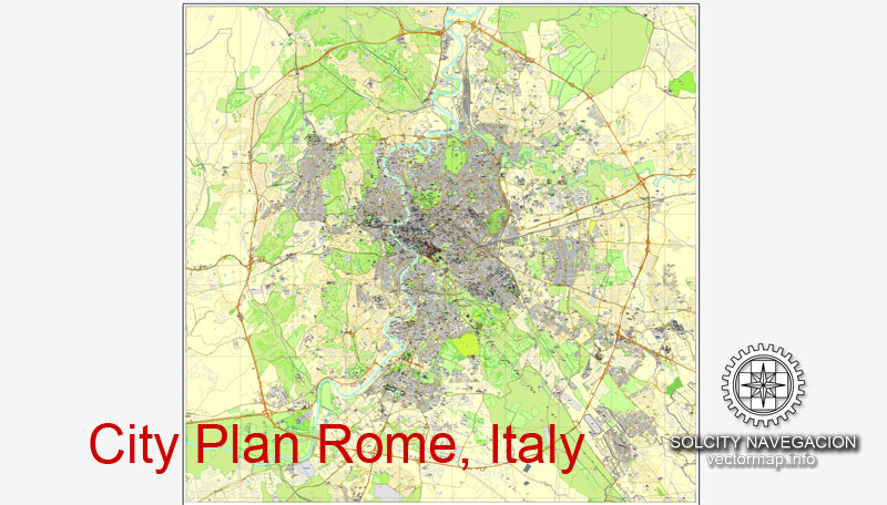 Printable City Plan Map of Rome, Italy, mappa roma vettoriale, Adobe Illustrator, full vector 3 x 3 m, scalable, editable, separated text layer street names, 29,3 mb ZIP All streets, buildings.
